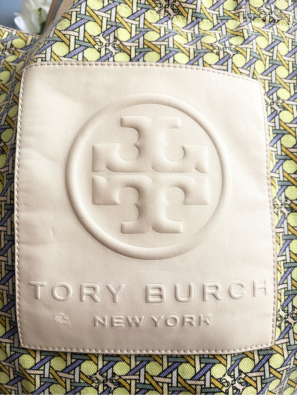Tory Burch Yellow & Beige Patterned Canvas Tote - Picture 3 of 6